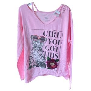 Justice Girl's Slit Neck Embellished Tee 14/16, Tea Rose